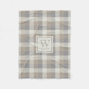Tan Grey and Ivory Neutry Rustic Kariert Monogram Fleecedecke