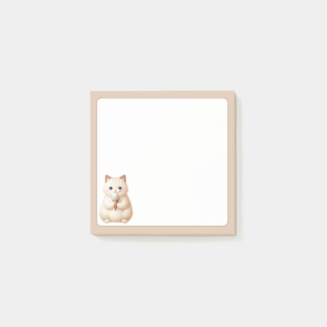 Tan Hintergrund Niedlich Beige Katze mit Eiscreme Post-it Klebezettel (Vorderseite)
