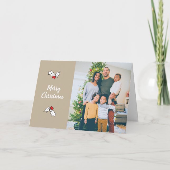 Tan Holly Berries Digital Foto Weihnachtskarten Karte (Vorderseite)