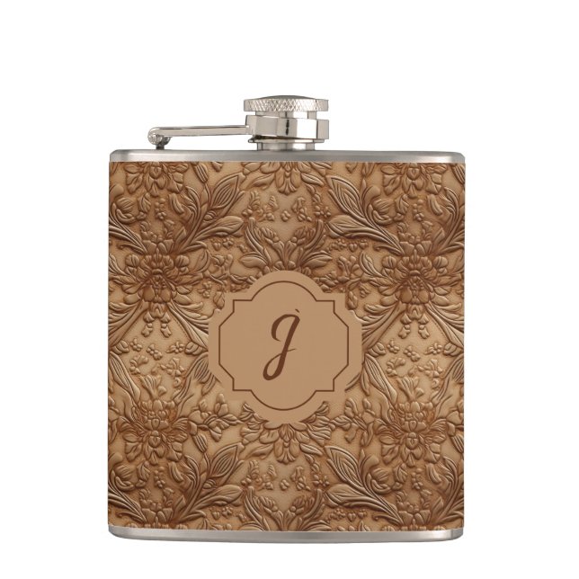 Tan Imitats Tooled Leather Vinyl Flachmann (Vorderseite)