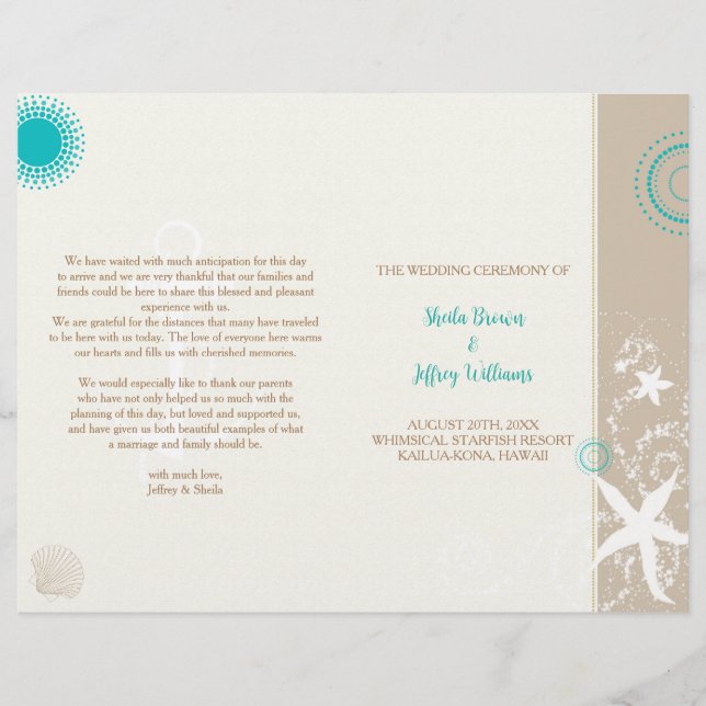 Tan Ivory Aqua Beach Wedding BiFold Programm (Vorderseite)