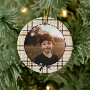 Tan Kariert Pattern Holiday Foto Keramik Ornament