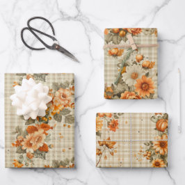TAN KARIERTES PATTER MIT HÜBSCHEN ORANGE FALL BLUM GESCHENKPAPIER SET
