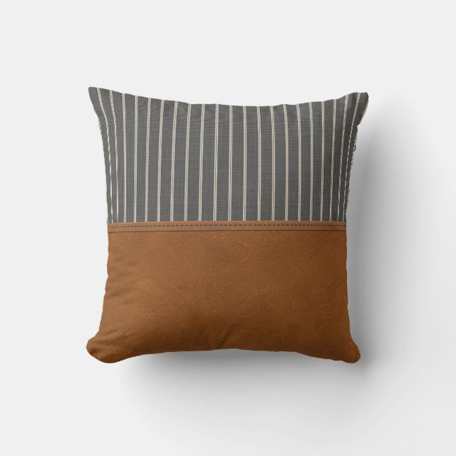 Tan Leather Striped Gray Linen Minimaler Bauernhof Kissen (Vorderseite)