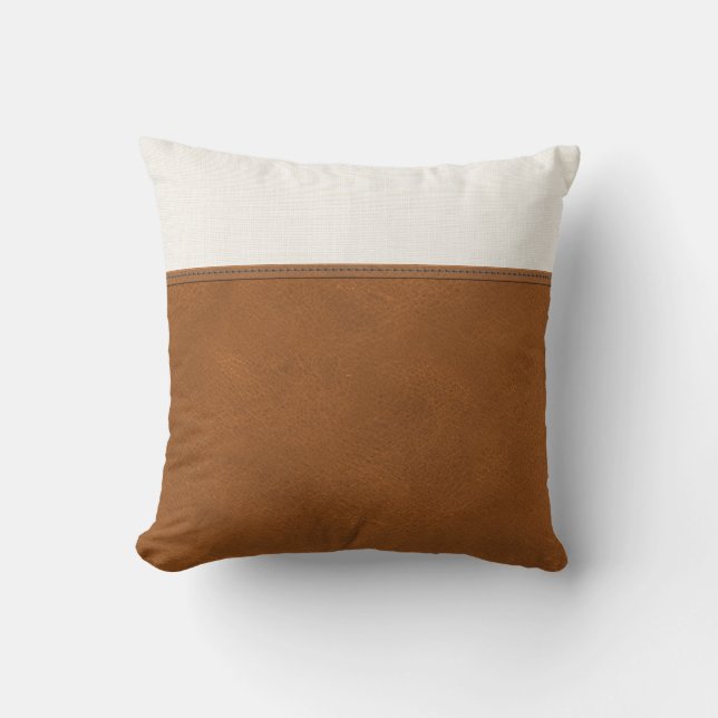 Tan Leather White Linen Look Minimaler Bauernhof Kissen (Vorderseite)