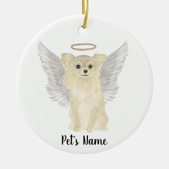 Tan Long Haired Chihuahua Beileid Memorial Keramik Ornament (Vorne)