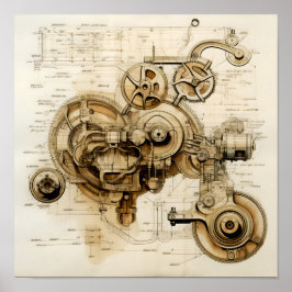 Tan Machine Blueprint Poster