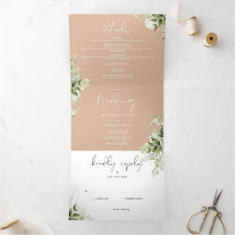 Tan Modern Botanical Greenerity Foto Wedding Dreifach Gefaltete Einladung