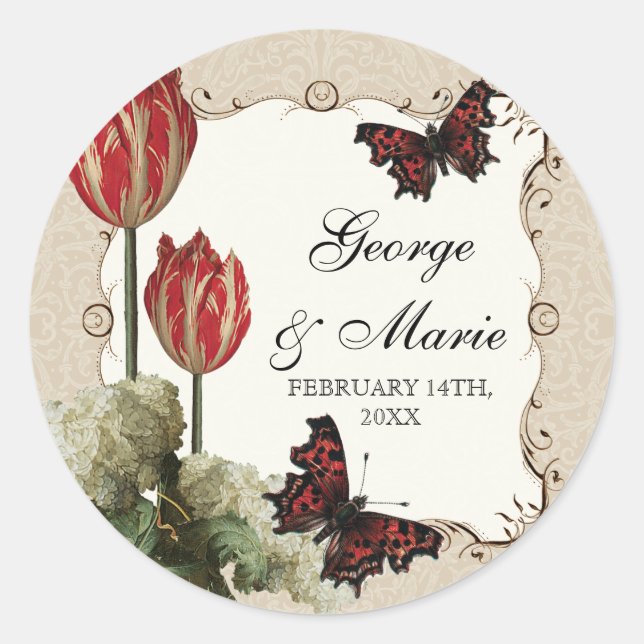 Tan n Crème Rouges Tulipes, Sticker Fête des marié (Devant)