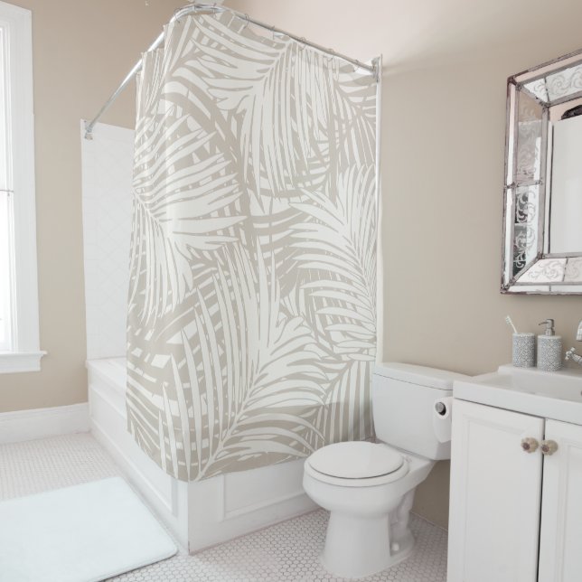 Tan Off-White Neutral Palm Leaf Muster tropisch Duschvorhang (Beispiel)