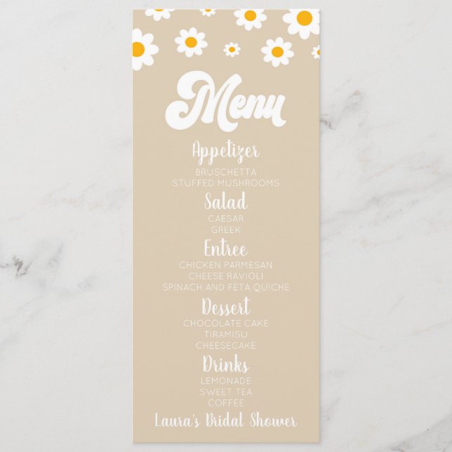 Tan Retro Daisy Blume Brautparty Food Menükarte (Vorderseite)