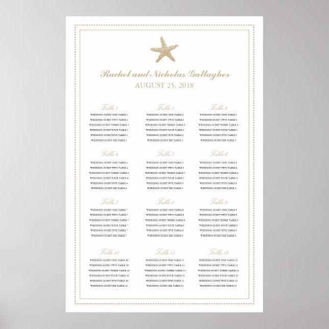 Tan Sand Graceful Starfish 24 x 36 Seating Chart Poster (Vorne)