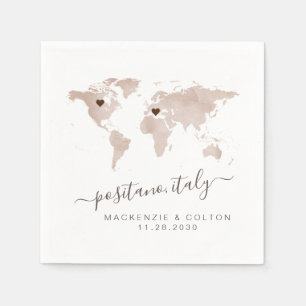 Tan Sepia Brown World MapMoveable Hearts Wedding Serviette