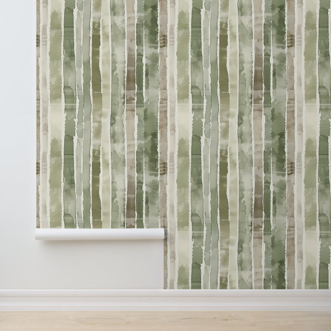 Tan Taupe Sage Green Strips Wasserfarbe Tapete (Anwendung)