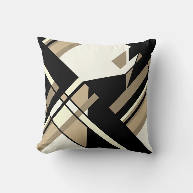Tan Taupe Schwarz-weiß diagonal Geometric Design Kissen (Vorderseite)