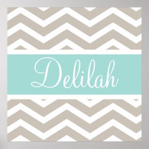 Tan Teal Chevron Custom Name Poster