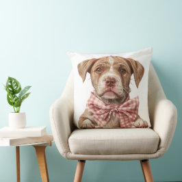 TAN UND WEISS PUT BULL PUPPY HUND MIT PINK BOW KISSEN