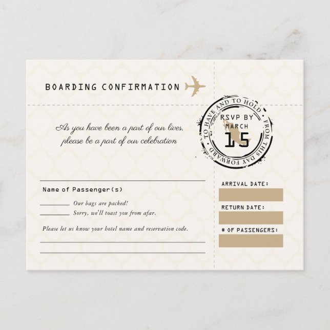 Tan Wedding RSVP Boarding Pass nach Mexiko Postkarte (Vorderseite)