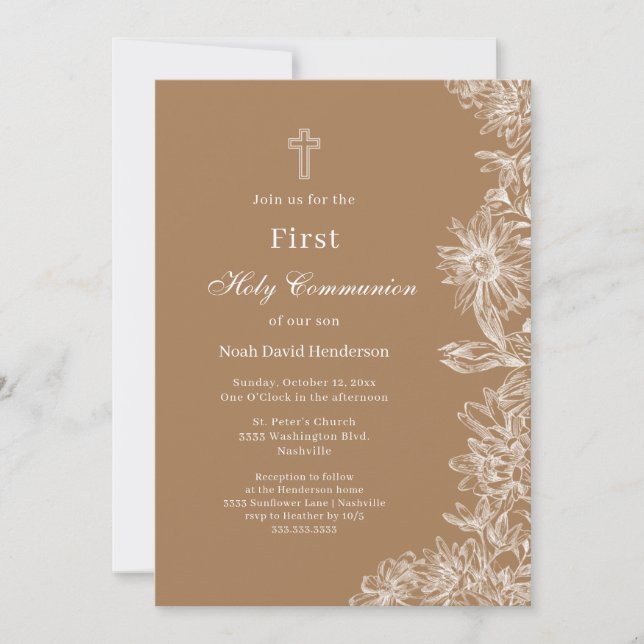 Tan White Floral First Heilige Kommunion Einladung (Vorderseite)
