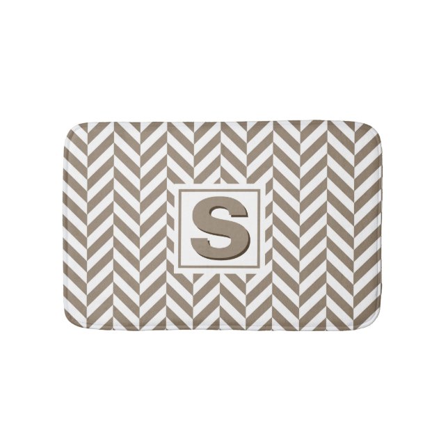Tan White Herringbone Monogram Badematte (Vorderseite)