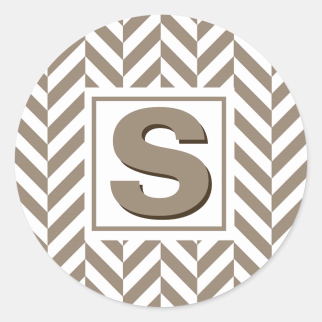 Tan White Herringbone Monogram Runder Aufkleber (Vorderseite)