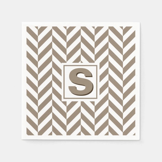 Tan White Herringbone Monogram Serviette (Vorderseite)