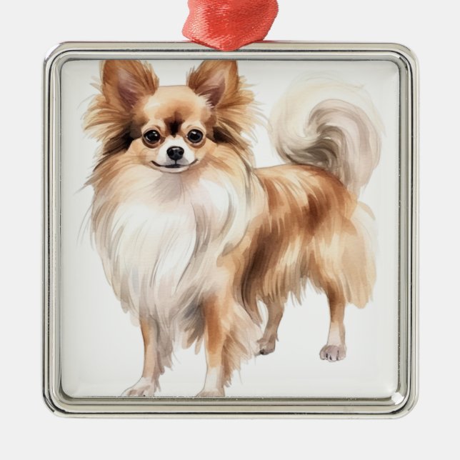TAN & WHITE LANGE HAIRED CHIHUAHUA HUND ORNAMENT AUS METALL (Vorne)