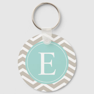 Tan White Zickzack Aquamarin Monogram Schlüsselanhänger