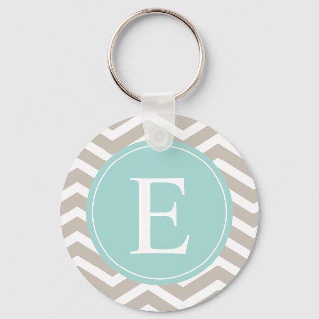 Tan White Zickzack Aquamarin Monogram Schlüsselanhänger (Vorderseite)