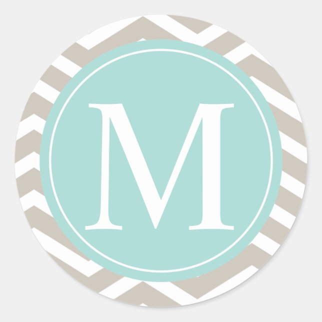 Tan Zickzack Türkise Monogram Runder Aufkleber (Vorderseite)