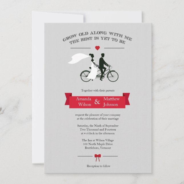 Tandem Bicycle Grey et Red Wedding Invitations (Devant)