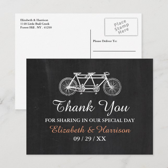 Tandem Bicycle on Chalkboard Wedding Danke Postkarte (Vorne/Hinten)