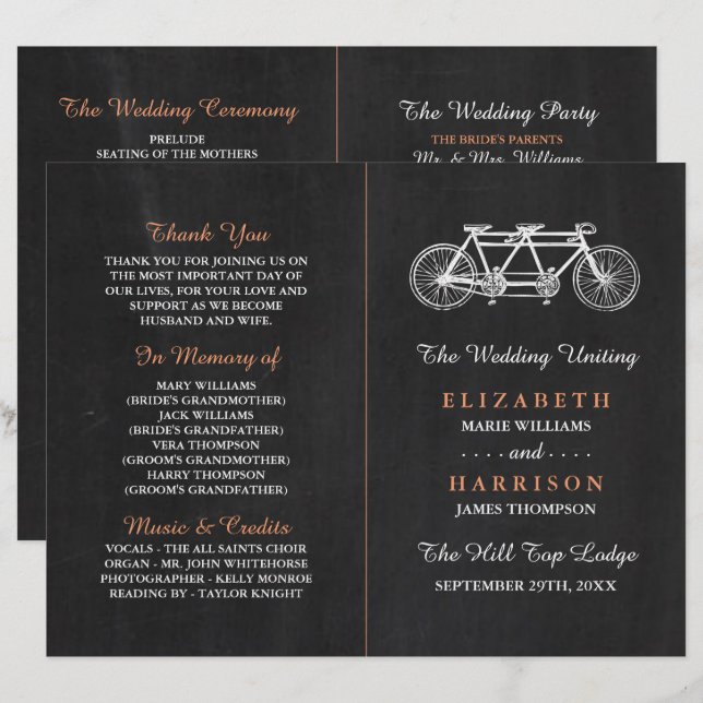 Tandem Bicycle on Chalkboard Wedding Program (Vorne/Hinten)