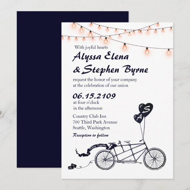 Tandem Bicycle Romantique Faire-part de mariage Dé (Devant / Derrière)