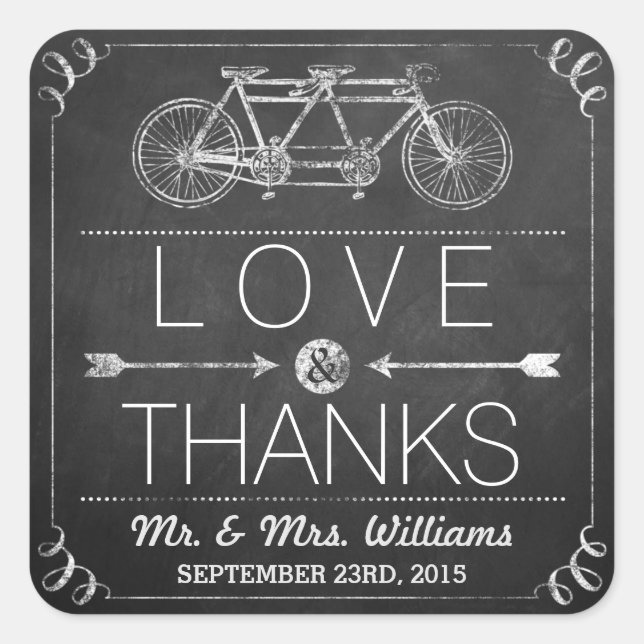 Tandem-Bikerkarte-Hochzeit Quadratischer Aufkleber (Vorderseite)