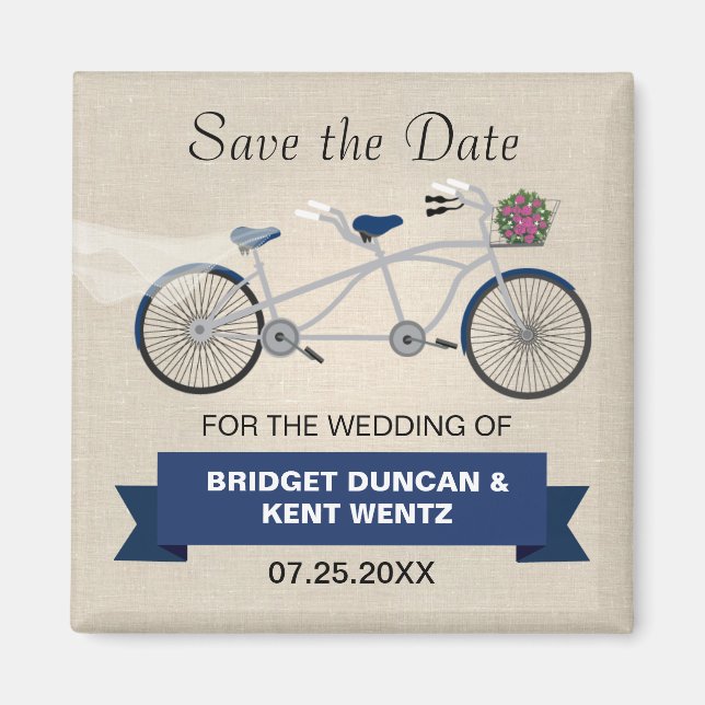 Tandem Dark Blue Bicycle Save the Date Magnet (Vorne)