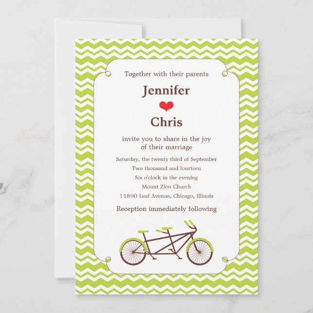 Tandem-Fahrrad (grün Zickzack) Hochzeit Einladung (Vorderseite)