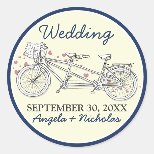 Tandem-Fahrrad-Hochzeit Einladung Siegel (Marine) Runder Aufkleber (Vorderseite)