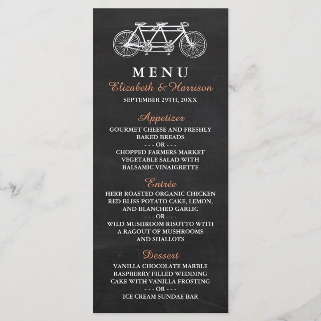 Tandem-Fahrrad-Menü auf der Tafel Hochzeitsmenü Menükarte (Vorderseite)