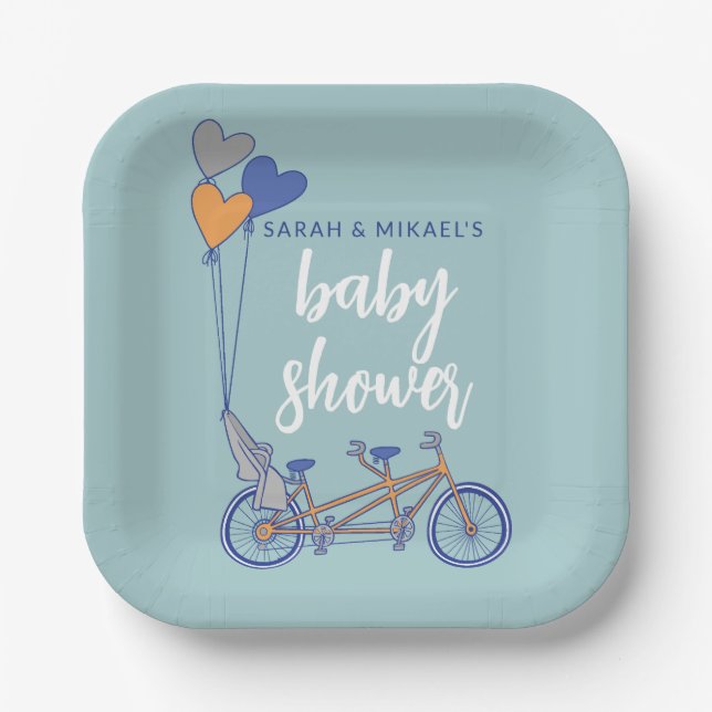 Tandem-Fahrrad mit Babysitzdusche Pappteller (Vorderseite)