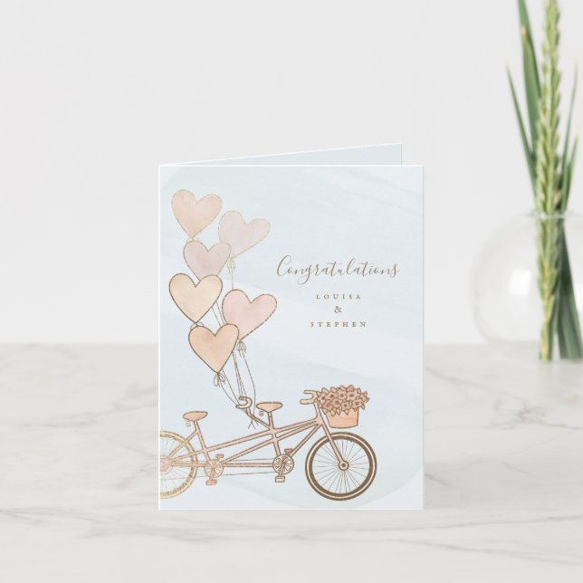 Tandem-Fahrrad- und Herzballons-Grußkarte Ankündigung (Vorderseite)