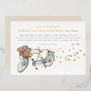 Tandem-Fahrradhochzeit Gold Folieneinladung