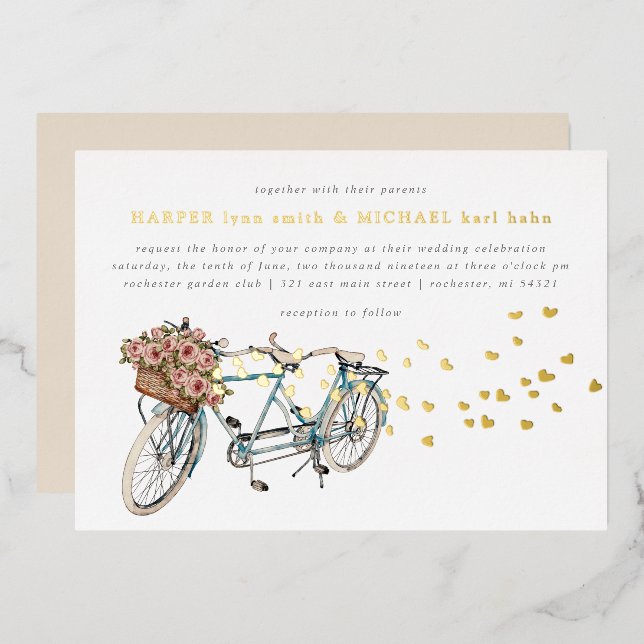 Tandem-Fahrradhochzeit Gold Folieneinladung (Vorderseite/Rückseite)