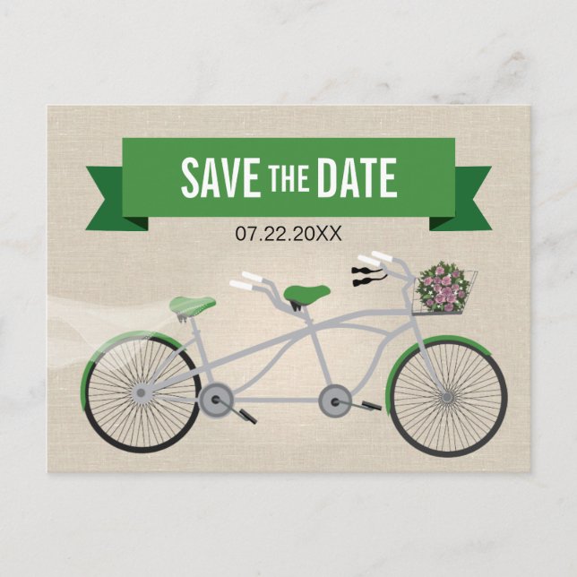 Tandem grünes Fahrrad Hochzeit retten Datum Ankündigungspostkarte (Vorderseite)
