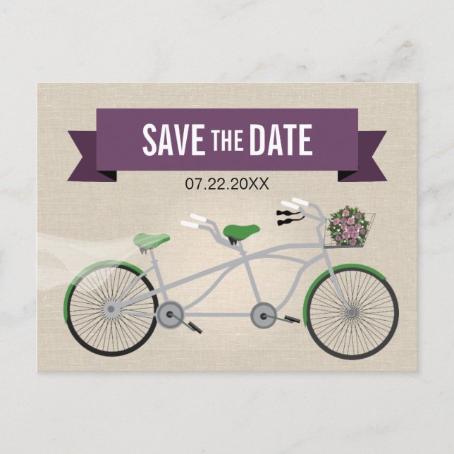 Tandem grünes Fahrrad Hochzeit Sichern Sie das Dat Ankündigungspostkarte (Vorderseite)