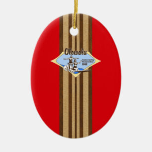 Tandem-Surfing-Hawaiian-Faux-Holz-Surfbrett Keramik Ornament