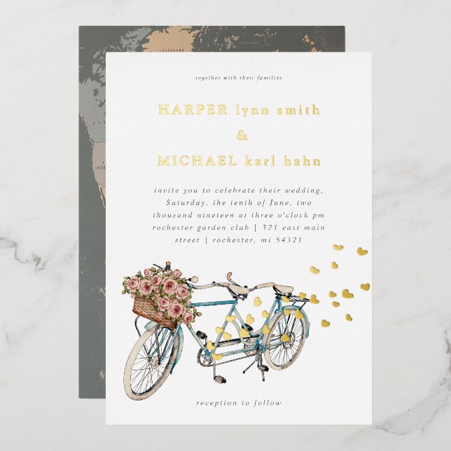 tandem vélo carte du monde faire-part de mariage (Recto/Verso)