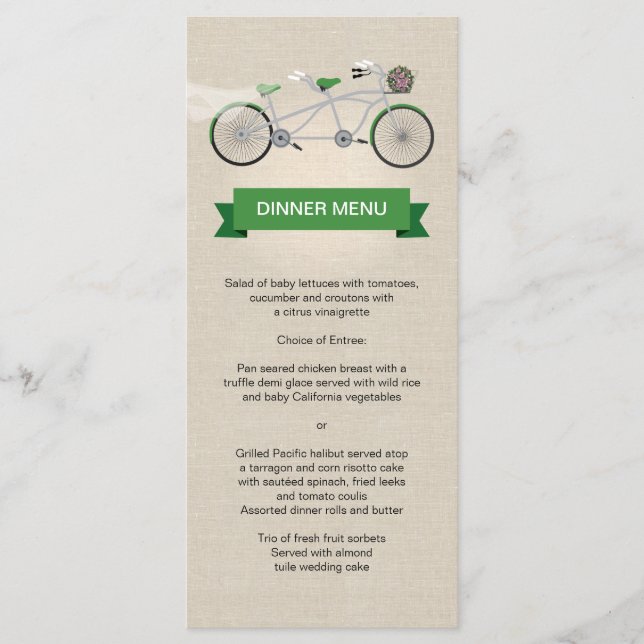 Tandem Vélo Vert Mariage Menu Faux Linen (Devant)