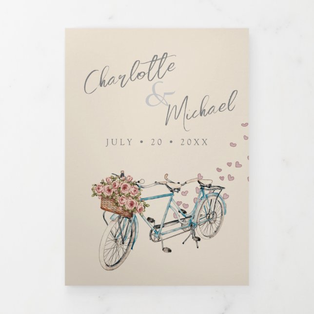 Tandembike mit Herz Hochzeit Tri-Fo Dreifach Gefaltete Einladung (Cover)