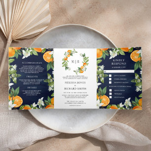 Tangerine Citrus Orange All in One Navy Hochzeit Dreifach Gefaltete Einladung